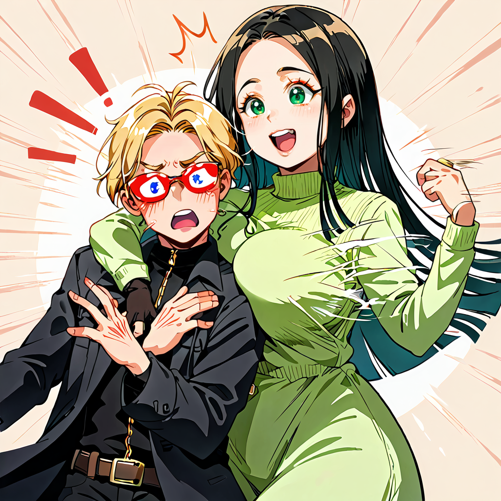 score_9, score_8_up, score_7_up, score_6_up, source_anime, rating_safe, <lora:_sdxl-chichibinta-pony:0.5> (((chichibinta, body turn and tits swinging, slap someone with swinging boobs, tits slap, couple, hetero, duo, from side, head on breasts, head between breasts, motion lines, open mouth, surprised, face to breasts, breast smother, bumping on breasts, run into someone breasts))),
BREAK (<lora:albertwesker-guy-PONYv1:1> albertwesker, albert wesker, 1boy, blonde, black gloves, sunglasses, belt, pants, long coat, trench coat, black coat, black pants, toned, athletic, fit, slicked back hair, black turtleneck, zipper, mature male, looking at another, ((head on another breasts, being slapped by another breasts, head between another breasts, open mouth, surprised, breast smother, run into someone breasts))),
BREAK (1girl, (curly hair), long hair, (black hair), mature female, (parted hair:1.7), (round face), (no_bangs:1.3), (no_fringe:1.6), looking at viewer, (thick eyebrows:0.9), (plump, curvy), round-chin, breasts, caucasian, down-turned eyes, (forehead:0.65), <lora:ETO_OCPonyXL:0.5> eto_oc, skindentation, naughty smile, thick thighs, wide hips, petite, busty, voluptuous, :o, surprised, looking at another, ((breasts on another head, slapping with her breasts))),