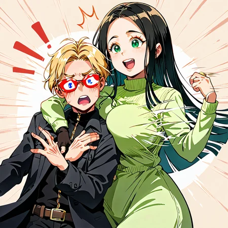 score_9, score_8_up, score_7_up, score_6_up, source_anime, rating_safe, <lora:_sdxl-chichibinta-pony:0.5> (((chichibinta, body turn and tits swinging, slap someone with swinging boobs, tits slap, couple, hetero, duo, from side, head on breasts, head between breasts, motion lines, open mouth, surprised, face to breasts, breast smother, bumping on breasts, run into someone breasts))),
BREAK (<lora:albertwesker-guy-PONYv1:1> albertwesker, albert wesker, 1boy, blonde, black gloves, sunglasses, belt, pants, long coat, trench coat, black coat, black pants, toned, athletic, fit, slicked back hair, black turtleneck, zipper, mature male, looking at another, ((head on another breasts, being slapped by another breasts, head between another breasts, open mouth, surprised, breast smother, run into someone breasts))),
BREAK (1girl, (curly hair), long hair, (black hair), mature female, (parted hair:1.7), (round face), (no_bangs:1.3), (no_fringe:1.6), looking at viewer, (thick eyebrows:0.9), (plump, curvy), round-chin, breasts, caucasian, down-turned eyes, (forehead:0.65), <lora:ETO_OCPonyXL:0.5> eto_oc, skindentation, naughty smile, thick thighs, wide hips, petite, busty, voluptuous, :o, surprised, looking at another, ((breasts on another head, slapping with her breasts))),