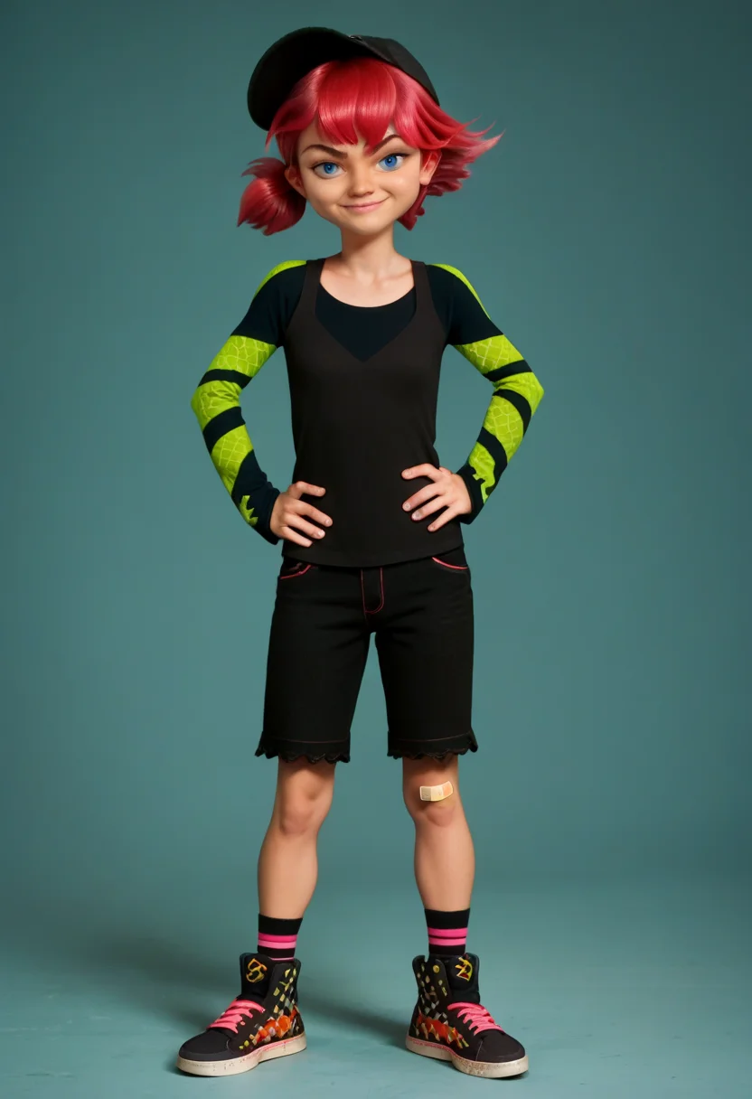 score_9, score_8_up, score_7_up, score_6_up, score_5_up, source_cartoon,
full body, curvy, hands on hips,
1girl,
black shirt, long sleeves with coilling snakeskin texture, sneakers, striped socks, large shorts, black shorts, black headwear, baseball cap, knee bandaid, bandaid on knee,
blue eyes, red hair, pink hair, short hair, short twintails, bangs,
looking at viewer, smug, simple background,
<lora:Alix-Kubdel-ML-PDXL_ShutUpImTired_v1:1>