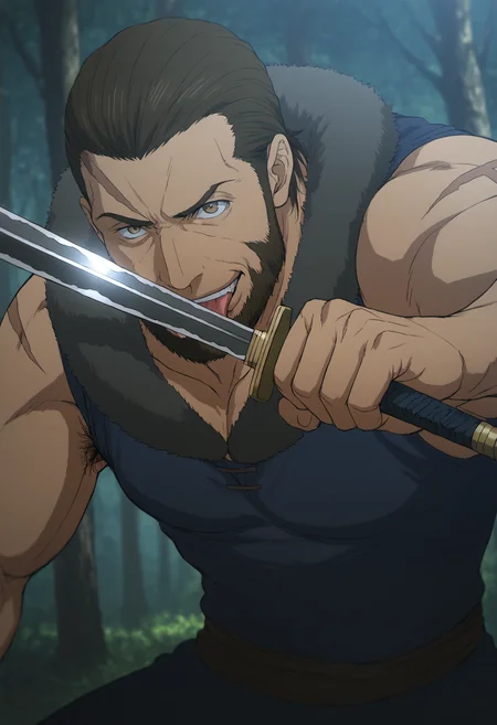 (((1boy))), bandit_SkeletonKnight, scars on face, beard, brown hair, brown eyes, veiny arms, score_8_up, score_7_up, score_6_up, score_9_up, a muscular man stand at forest, fantasy, ancient ,medieval, fur collar, (manly),sleeveless shirt, hairy, face_focus, middle-age man, muscular, centered,looking at viewer,  detailed eyes, 8k uhd, high quality, bare arms, arm up, armpit, evil_grin, fighting pose, attack, ((holding sword)), ((tongue out)), ((lick the sword)), armpit_hair, 
