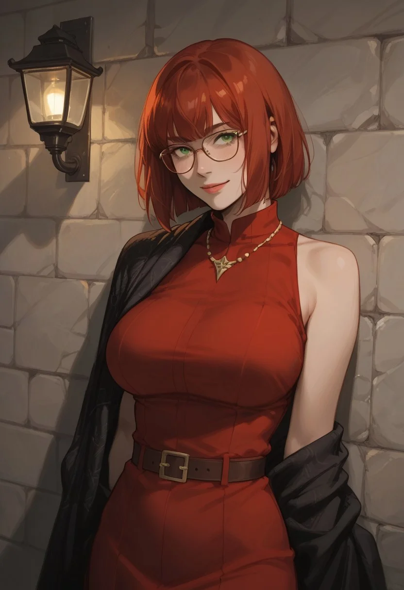score_9,score_8_up,score_7_up,score_6_up,score_5_up, masterpiece, best_quality, ultra-detailed, straight on, cowboy shot, face focus
BREAK
1girl, solo, short red hair, bangs, green eyes, aviator glasses, large breasts, standing, smiling, red sleeveless dress, black shawl, leaning against wall
BREAK
garden, stone wall, cobblestones, ivy, night, gaslight lamps, fog, shadows