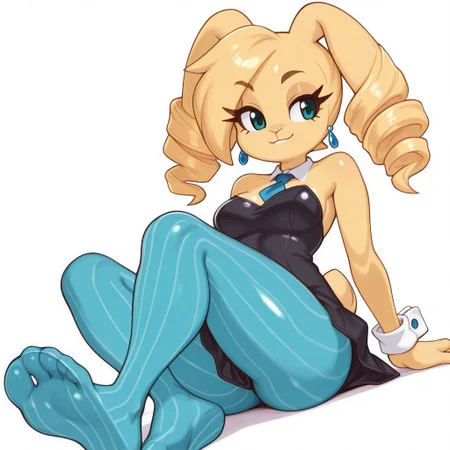 Masterpiece , high quality, 1girl, solo, rabbit girl, blonde body, furry, anthro, blonde fur, 1girl, blonde hair, twin drills, black school uniform, dress, blue pantyhose, striped pantyhose, rabbit ears, bunny girl,blue earrings, animal ears, animal nose, white background, sassy, medium breasts size, smiling, bare shoulders,sleeveless, anime eyes, detailed eyes, blue tie, eyelashes, aqua cyan eyes, beautiful eyes, bright colors, light eyes color, shiny skin, muscular, solo, dynamic pose , showing soles, showing feet