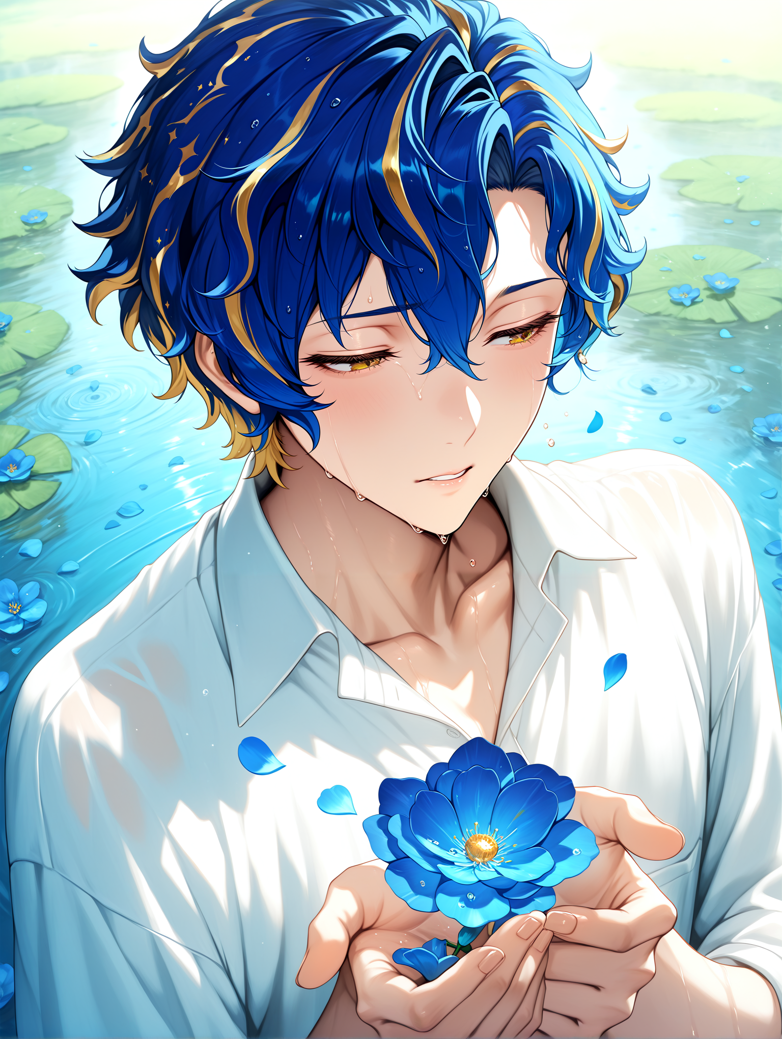 masterpiece, best quality, absurdres, amazing quality <lora:cfg_scale_boost:0.3> <lora:StS-Illustrious-Detail-Slider-v1.0:3> <lora:StS_Age_Slider_Illustrious_v1:3>,detailed_background,outdoors,looking to the side,collared shirt,petals,solo,hashtag-only commentary,flower,half-closed eyes,multicolored hair,water,ripples,hair between eyes,streaked hair,white shirt,holding,virtual youtuber,upper body,bluebear 64,male focus,petals on liquid,parted lips,short hair,blue flower,astel leda,shirt,holostars,1boy,green eyes,blonde hair,highres,blue hair