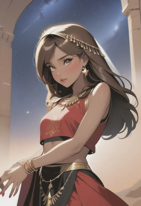 masterpiece, best quality, highres, intricate details, 4k, stunning, 1 woman, absurdres, Arabian dancer, long black hair, side swept bangs, brown skin, tan skin, red jeweled Arabian dancer attire, red cropped top, toned midriff, transparent veil, sleeveless, backless, bracelet, bangles, armlets, waist chain, earrings, necklace, seductive, brown eyes, jewelries, blush, pursed lips, happy face, from front, side angel, dancing, full body, arabian desert village, night time, starry sky, perfecteyes