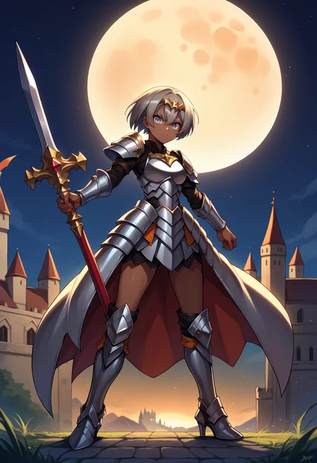 score_9, score_8_up,score_7_up, source_anime, 1girl, solo, <lora:EPpkBea:1>, short hair, grey hair, dark-skinned female, dark skin, hair between eyes, grey eyes, Saitou, armored dress, pauldrons, greaves, weapon on back, high heel boots, armored boots, outside, night, castle, bat \(animal\), full moon, angry, anger vein, circlet,