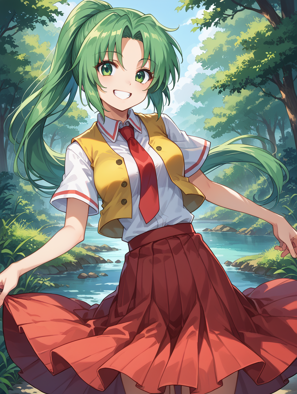 score_9, score_8_up, score_7_up,source_anime,BREAK,
Sonozaki_mion,  white shirt, red necktie, yellow vest, red skirt, ponytail, smile,
<lora:Sonozaki_mion:1>