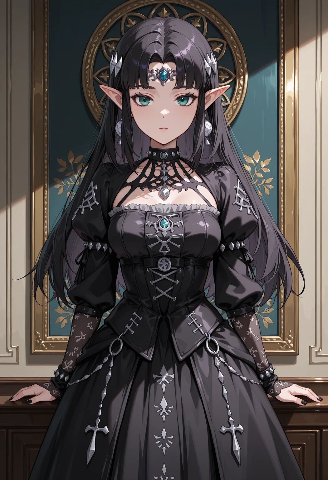 anime, masterpiece, best quality, detailed background, 8k,  <lora:gothgirl:1>, goth girl, goth fashion, 1girl, princess zelda