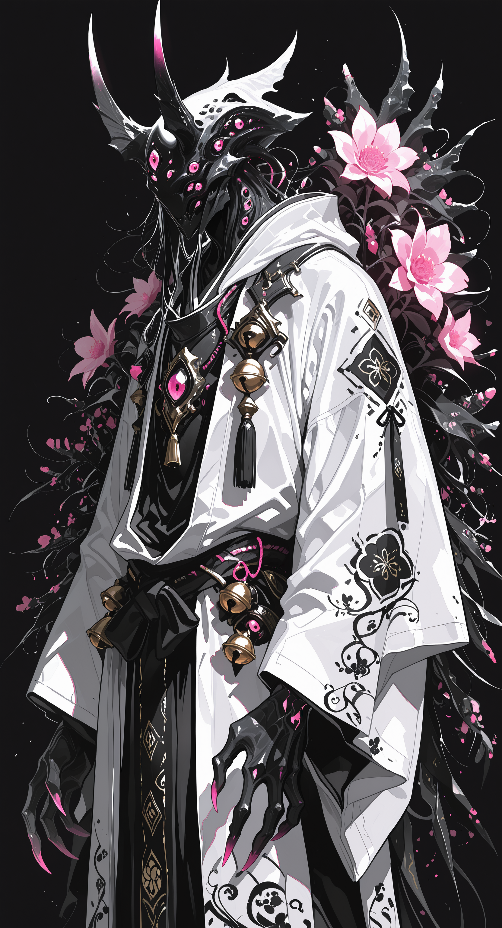 masterpiece, best quality, good quality, very awa, newest, highres, absurdres,  solo, 1boy, standing, male focus, flower, cowboy shot, horns, wide sleeves, bell, mask, colored skin, white jacket, black background, pink flower, claws, robe, floral background, extra eyes, black skin, white robe, fewer digits, limited palette, h4ra_illu <lora:illustriousXL_stabilizer_v1.23:0.3> <lora:NOOB_vp1_detailer_by_volnovik_v1:0.3> <lora:ponyv6_noobE11_2_adamW-000017:0.3> <lora:114558v4df2fsdf5:0.6> <lora:XXX667:0.4> <lora:-_iLL_-_the_edgy_mech_V2.0-:0.8>
