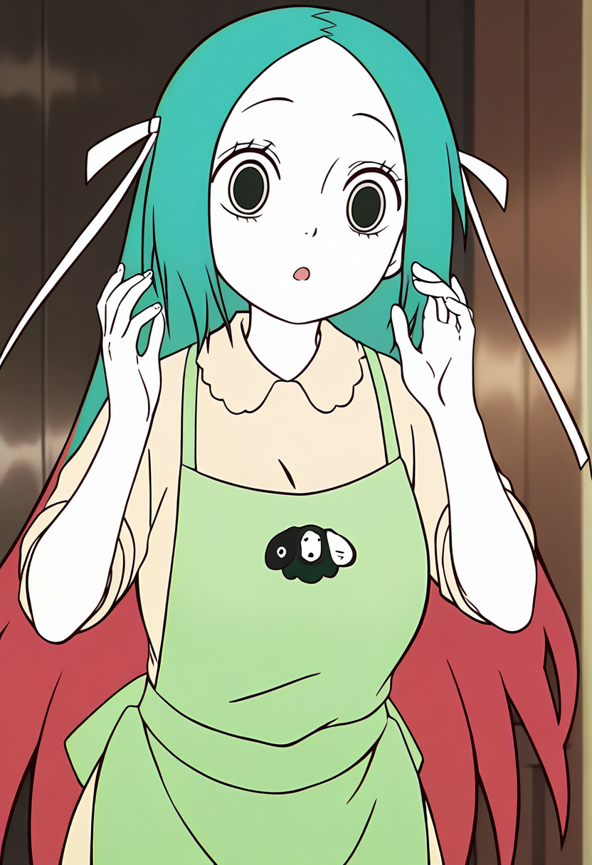 <lora:jingwei:1>,jingwei,1girl,solo,long hair,multicolored hair,red hair,green hair,hair ribbon,white ribbon,black_pulpil,white skin,
 green apron, shirt,, masterpiece,best quality,amazing quality,absurdres, anime screenshot,