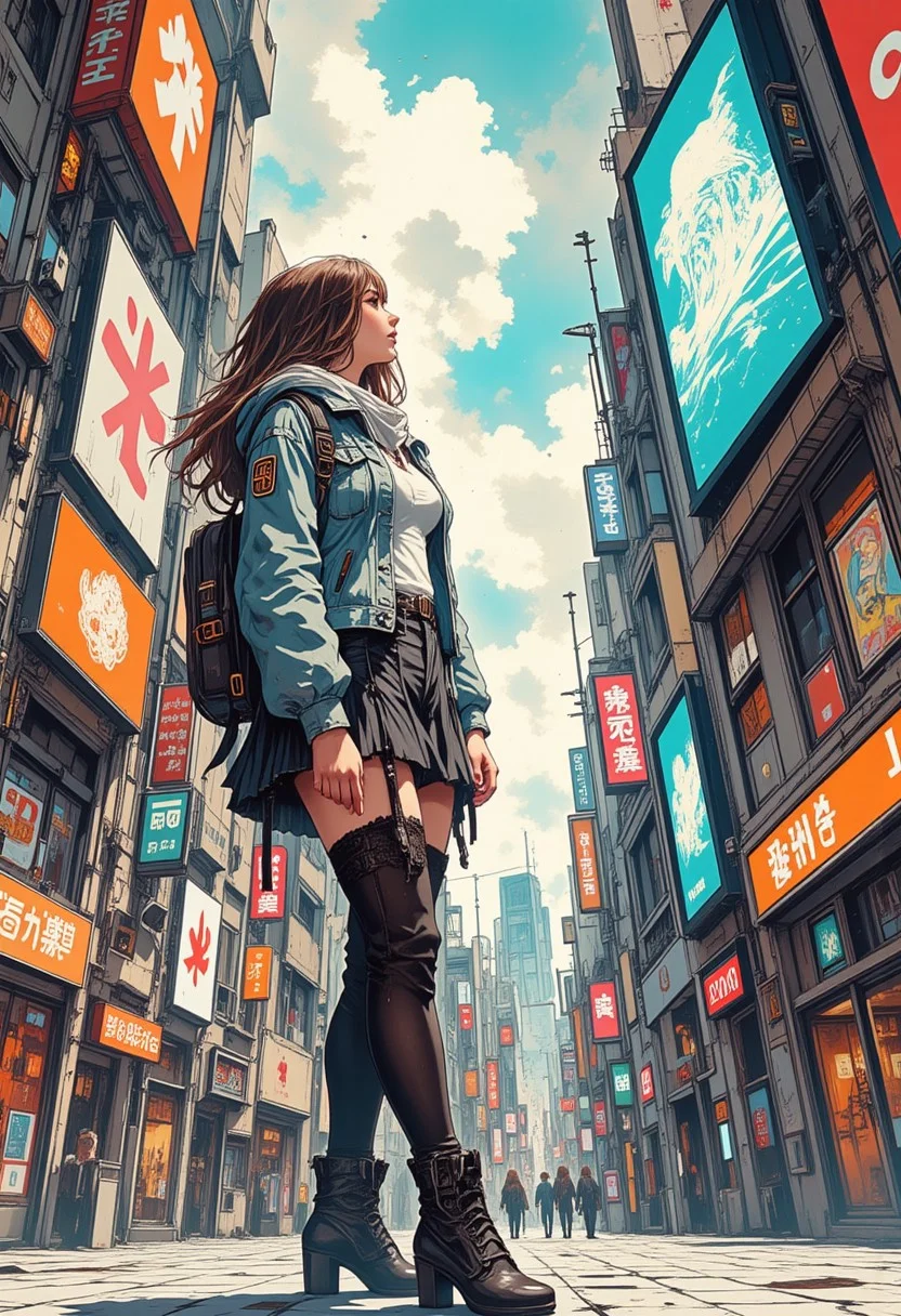 young Asian woman in a denim jacket, white cotton t-shirt, short black ruffled lace skirt, thigh-high stockings, black high heel boots, looking up at video-screen advertisements in Tokyo shopping district in Shibuya, long loose hair, outdoors. Impressionistic anime-style scene, Mixed art style, loose, painterly impressionist brushstrokes for depth and atmosphere, anime-style character details, ligne claire outlines for clarity and structure, In the style of ff-td, sm41l33 comic.