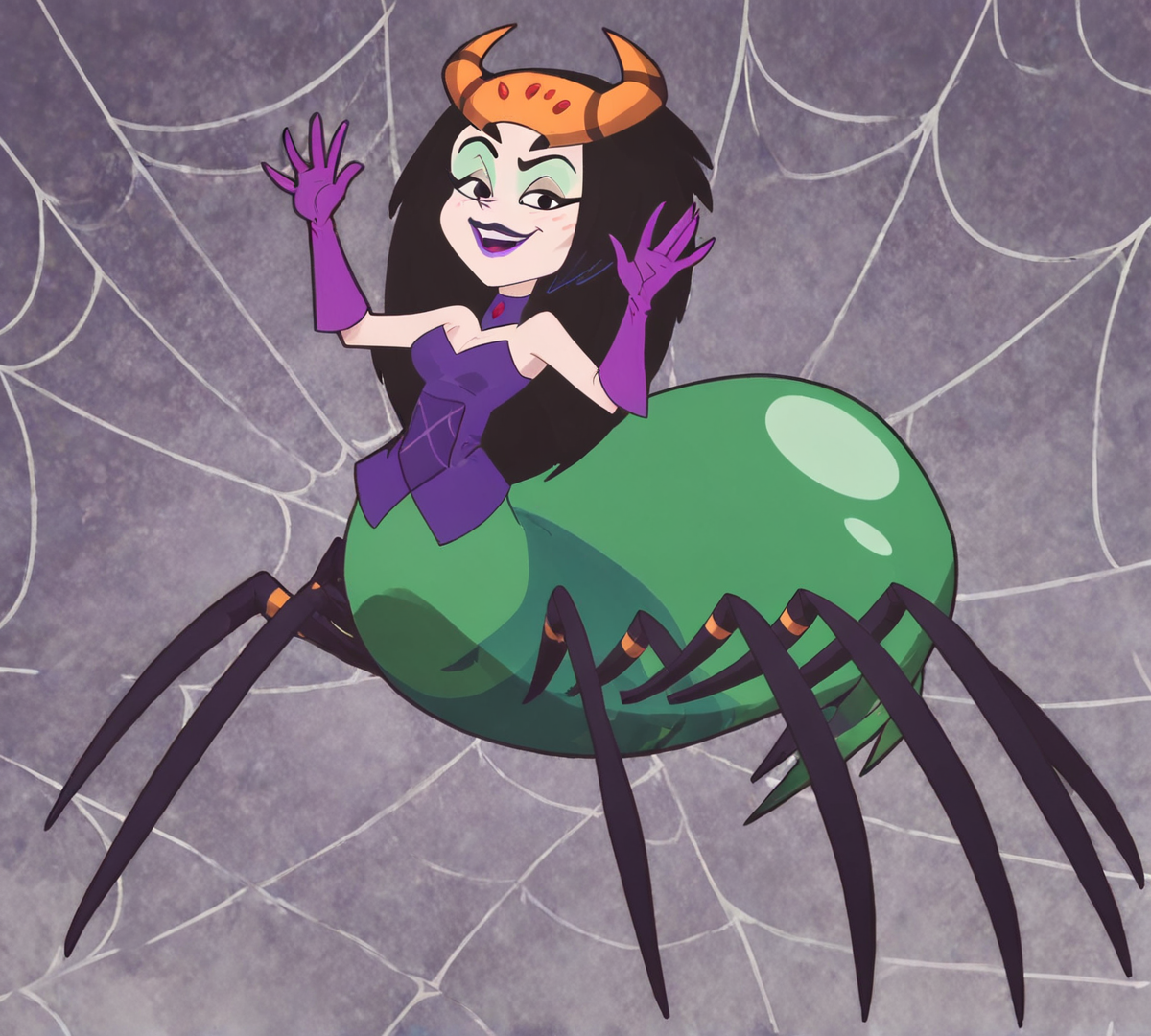 Velma Green, zPDXL, best quality, amazing quality, score 9, 1girl, smile, waving, looking at viewer, full body, arachne, <lora:Velma_Green:0.8>