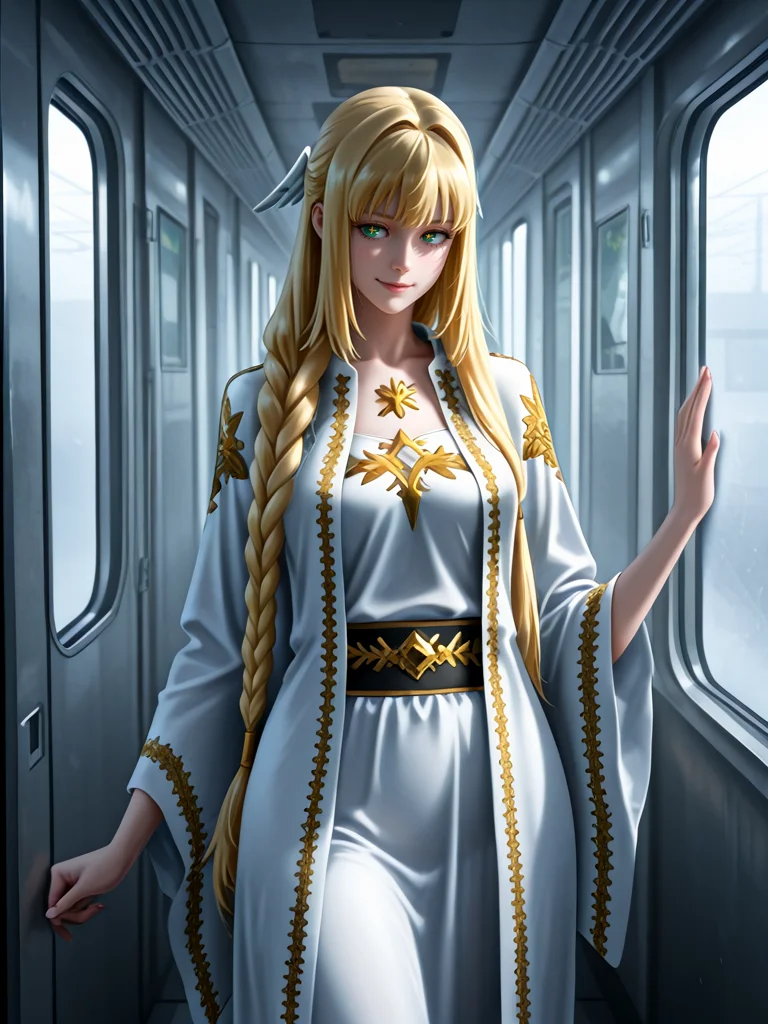 masterpiece,high quality,highres,absurdres,(<lora:Dolores Quovadis22:1>,1 girl,solo,long hair straight hair,blonde hair,thick braid,long braid,straight fringe,wing hair ornament,green eyes,cross pupils || Dolores_Quovadis_ceremonial,white ceremonial dress,long robe,gold embroidery,golden trim,wide sleeves,high waist sash),seductive smile,cute face,
fog-diffused light in an abandoned subway, a female detective walking cautiously through the darkness.,
<lora:Half_Art_Style_IL:1>,