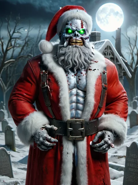 ral-santa, undead santa, a creepy santa claus standing in a graveyard <lora:ral-santa-sdxl:1>
