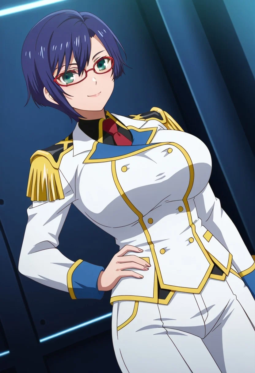 general,highres, ultra-detailed,very aesthetic,best quality ,best hands,best eyes,easynegative,
dynamic anglre, dutch angle, anime cloring,anime screencap,
1girl solo,looking at viewer,wilderness,smile, hand on hip,
Kasumi Shigure,blue hair,short hair,green eyes,huge breasts,glasses,military costume,
