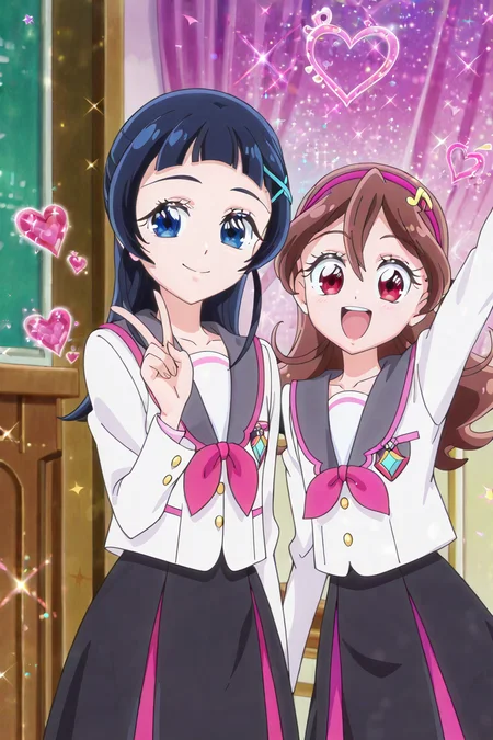 detailed background, shiny skin, posing,
<lora:kimipri.il:1.0>,
kimipri,
2girls,
uta, nana,
seifuku, yuri,
heart, glitter, sparkle, bloom,
peace, happy, smile, looking at viewer,