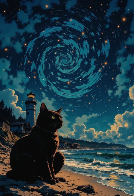 on the beach at night, under a bright starry sky with swirl patterns ((The sky is filled with Van Gogh style, twisted into swirl lines, creating a feeling of movement, as if the stars and clouds are pulsating and rotating))
A black cat sits on the shore. In the background you can see a lighthouse, illuminating the shore and the houses nearby, creating an atmosphere of comfort and mystery.