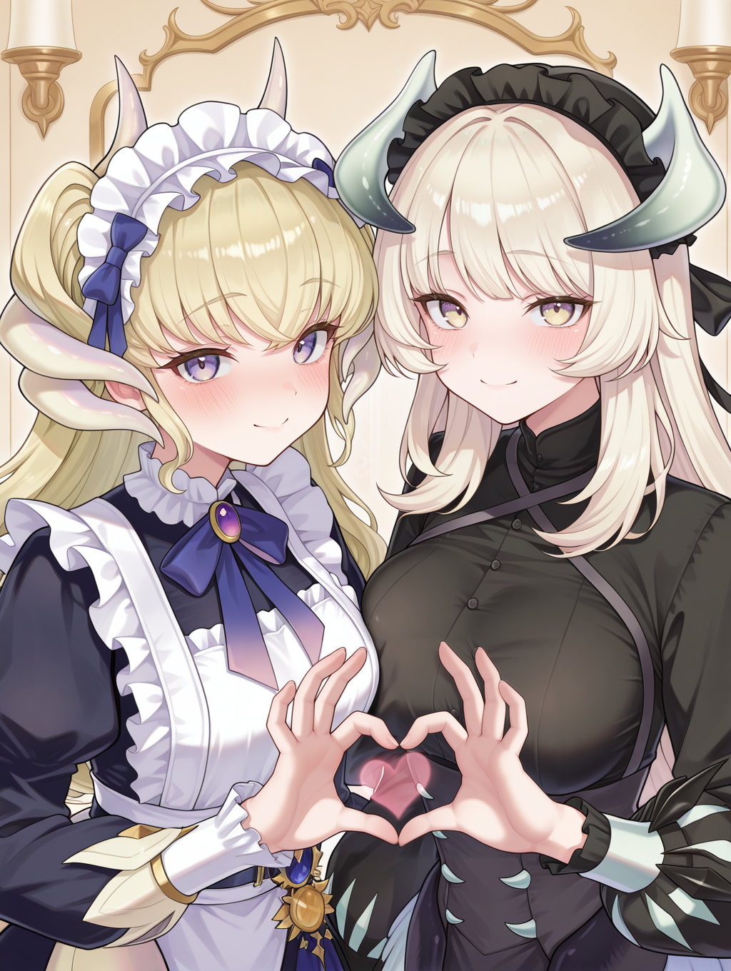 2girls,heart hands duo,smile,looking at viewer,blush,upper body,dragonmaid latys,blue maid dress,blue bow hairband,chamber dragonmaid,black mob cap,black maid dress,dressing room,
masterpiece,best quality,amazing quality,very aesthetic,absurdres,newest,<lora:Chamber dragonmaid illuXL v1:0.62>,