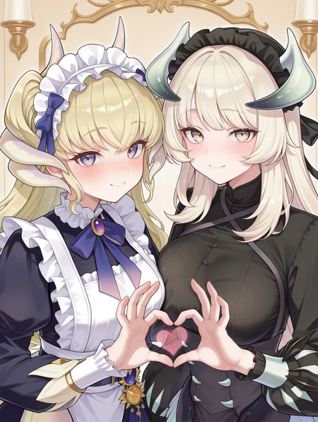 2girls,heart hands duo,smile,looking at viewer,blush,upper body,dragonmaid latys,blue maid dress,blue bow hairband,chamber dragonmaid,black mob cap,black maid dress,dressing room,
masterpiece,best quality,amazing quality,very aesthetic,absurdres,newest,<lora:Chamber dragonmaid illuXL v1:0.62>,