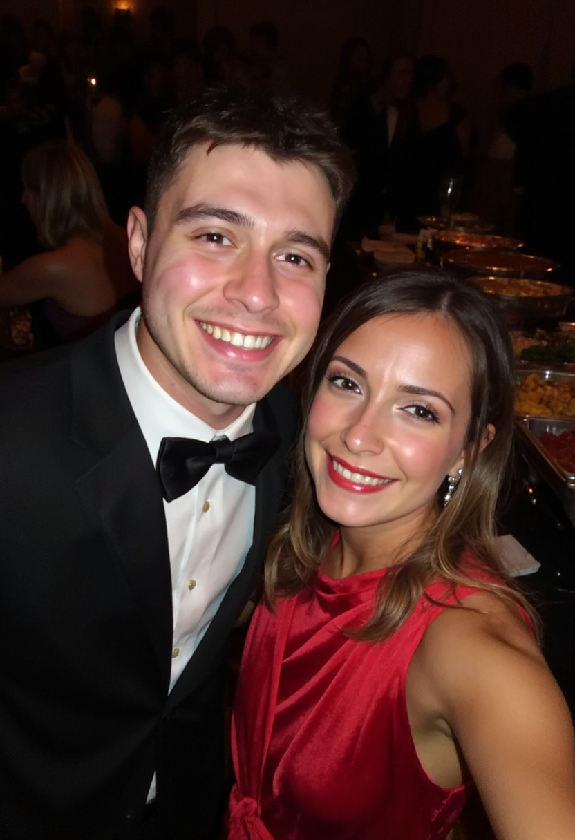 photo selfie of a young couple at a black tie formal event. Man with tuxedo and bow tie, woman with red silk dress, smiling, buffet table with food in background, at night <lora:mobile-000081:1>