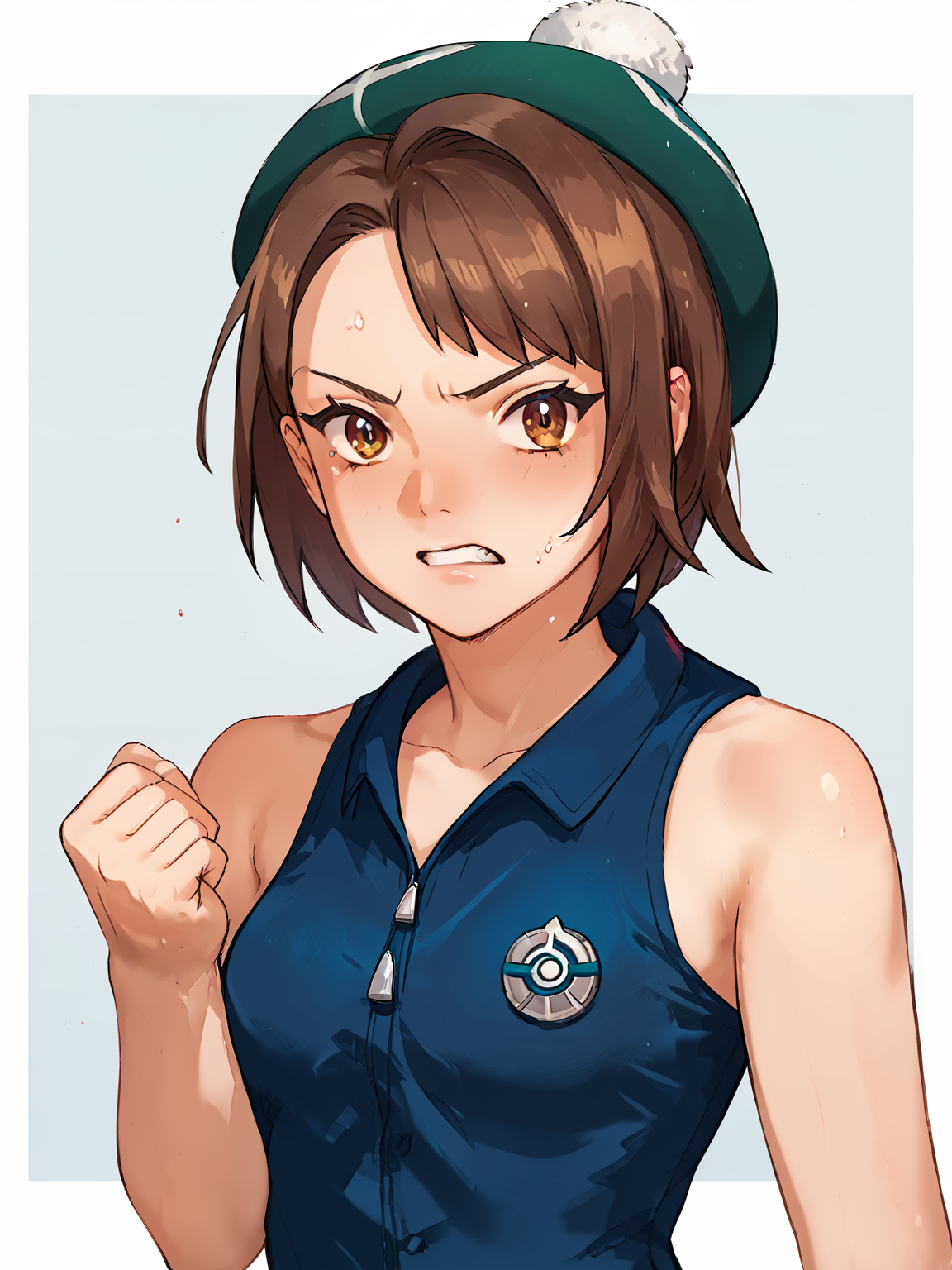 (clenched fist), 1girl, <lora:gloria_(pokemon):1> gloria_\\(pokemon\\), score_9_up, score_8_up, score_7_up, looking at viewer, masterpiece, petite, <lora:Realistic_Anime:0.5>, realistic anime, <lora:gakuen_kantai_style_ForPony_r1:1>