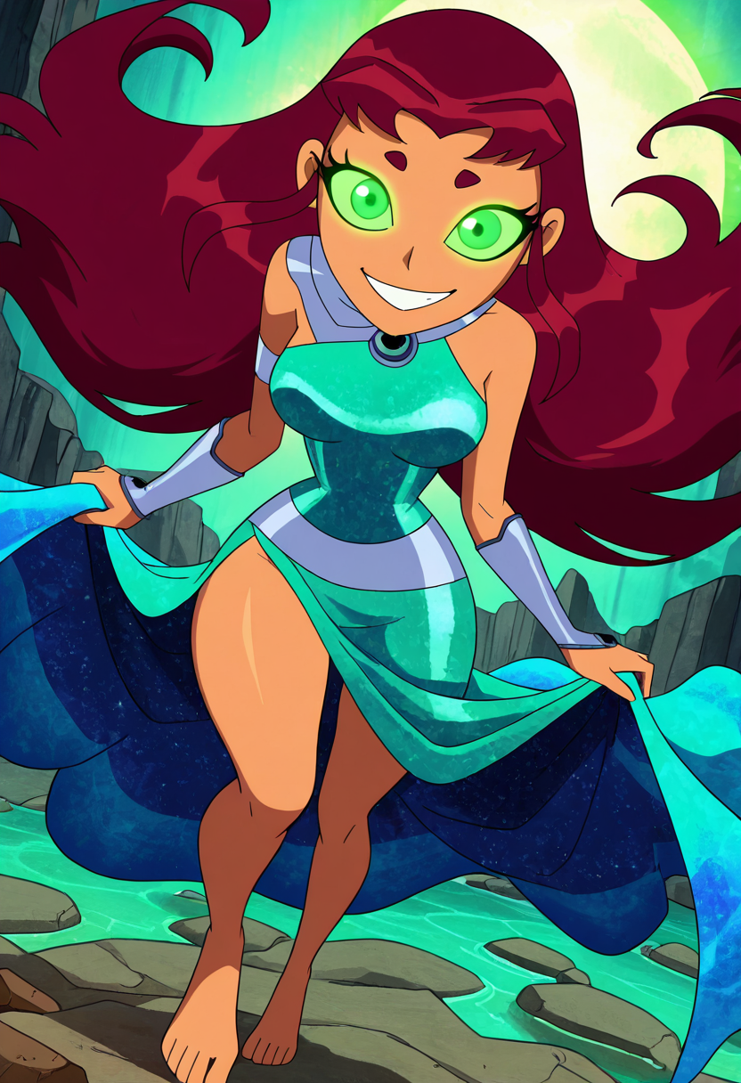 masterpiece, best quality, solo, curvy, beautiful eyes,  narrow waist, wide hips,  strfr, green eyes, red hair, long hair, colored sclera, green sclera, smile, looking at viewer,   ,       <lora:StarfireTT_IXL:1.0>,   dynamic angle, foreshortening, close up, [Oceanic Couture], Iridescent gown, pearl accessories, barefoot, Walking along moonlit tide pools and wet stones, surrounded by glowing aquatic serenity.