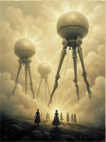 <lora:ck-swirlycircles-000015.safetensors:1> digital artwork in the style of ck-swc
In the misty, desolate landscape, the air is thick with a sense of the unknown. The towering, tripod-like machines stand as sentinels, their long, thin metallic legs gracefully reaching up to support globe-shaped capsules at their peaks. These structures, with their intricate mechanical designs, evoke a blend of futuristic technology and alien presence, their forms both majestically beautiful and hauntingly mysterious.
The environment is shrouded in an eerie, foggy atmosphere, casting a muted, sepia tone over the entire scene. The fog diffuses the light, creating a soft, enveloping glow that adds to the dreamlike quality of the setting. The smaller, humanoid figures below move in a scattered formation, appearing almost like delicate shadows in comparison to the imposing machines. Their movements are slow and deliberate, each step a careful dance within the inexplicable presence of the towering structures.
The interaction between these figures and the machines is intimate, a delicate balance of curiosity and reverence. The humans, dressed in flowing, antiquated attire, seem to be drawn to the machines, their eyes wide with a mix of wonder and desire. The machines, in turn, seem to respond to their presence, their capsules subtly pulsating with an ethereal light that illuminates the faces of the humans, highlighting their emotions.
The contrast between the vast, mechanical forms and the smaller, human figures creates a powerful tension, a narrative of the eternal dance between the known and the unknown. The light and shadow enhance this mood, casting long, gentle shadows that merge with the fog, as if the very atmosphere itself is a living, breathing entity, enveloping everything in its embrace.