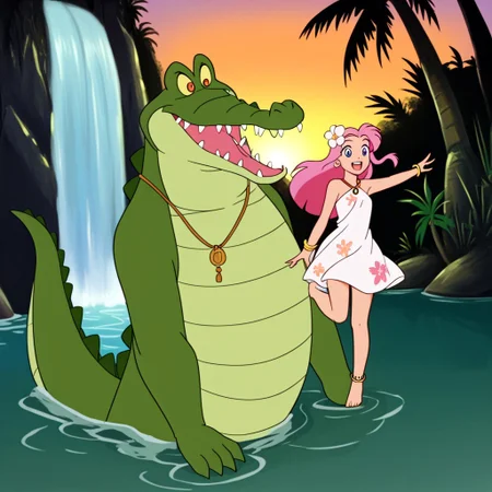 Tick tock crocodile,male animal focus,tail, crocodile open large mouth ,green skin, blue eyes, Tick Tock the crocodile is giant and very huge size,teeth, swimming in water,partially submerged,Tick Tock the crocodile looking at a young girl who she is standing on rock cliff. Little_Girl_anime_manga,long hair,pink hair, dark-skinned female,the girl her very smal size, purple eyes, ancient tropical_clothe, chest_band,red very long_dress, jewelry, dark skin, smile, necklace,hair flower, bracelet, anklet, barefoot,open mouth,river,palm trees, jungle, Disney, waterfall,anime, manga