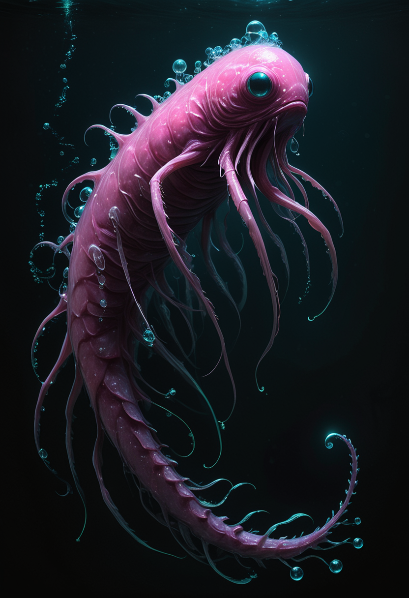 (medium full shot) of (otherworldly pink aquatic creature) with bioluminescent skin, scaly hide, webbed limbs, antennae, tail, ethereal glow, ethereal bubbles, set in  a haunting abyssal ravine, with dark waters, glowing eyes, hidden depths, silent beauty, at night, ,Masterpiece,best quality, raw photo, realistic, very aesthetic, dark