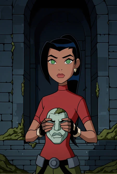 <lora:ovkai-10:1> ovkai, 1girl, long hair, black hair, dark skin, ponytail, earrings, lips, red shirt, short sleeves, turtleneck, green cargo shorts, fingerless gloves, looking at viewer, cartoon, screencap, inside ancient tomb, ancient temple, old temple, dark, moss, heliographic, wall writing, holding statue, dynamic pose, amazing quality, best quality,
