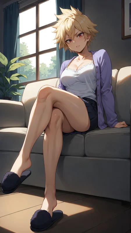 score_9,score_8_up,score_7_up,score_6_up, <lora:xl_more_art-full_v1:0.5>, source_anime, woman, dynamic pose, <lora:Mitsuki Bakugo - Pony:0.8>, short hair, blonde hair, spiked hair, red eyes, purple cardigan, white camisole, black miniskirt, living room, couch, soft lighting, skirt, black slippers, sitting, crossed legs, foot focus,