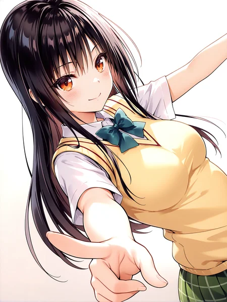masterpiece,best quality,newest,
1girl,solo,
<lora:kotegawa_yui_ilxl_v1.5:1>,yui,black hair,long hair,orange eyes,y_clothes,short sleeve blouse,sweater vest,green plaid skirt,<lora:Fixhands_anime_bdsqlsz_V1:1>,looking_at_viewer,upper_body,face_focus,dynamic_angle,cinematic_angle,reaching,pointing,pov,smile,white_background,simple_background,blush,