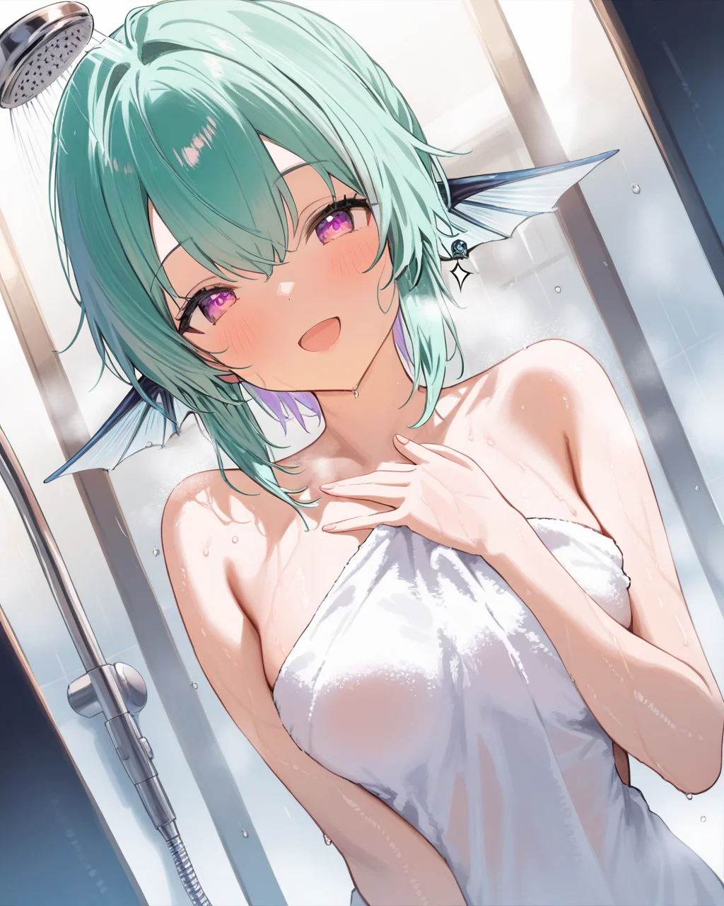 1girl, FinanaRyuguNijisanji,
sensitive, solo, dutch angle, upper body,
dating, looking at viewer, \:D,
short hair, purple_eyes,
showering, covring body,
towel,
<lora:kp_FinanaRyuguNijisanjiAnimagineXL_v1_1:1.0>,
masterpiece, high score, great score, absurdres