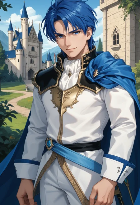 score_9, score_8_up, score_7_up, source_anime, BREAK, , 1boy, smirk, looking at viewer, <lora:Sigurd-pdxl_Fp:1>, sigurdfe4, blue eyes, blue hair, short hair, white coat, white pants, collar, armor, blue cape, long sleeves, outdoors, castle,