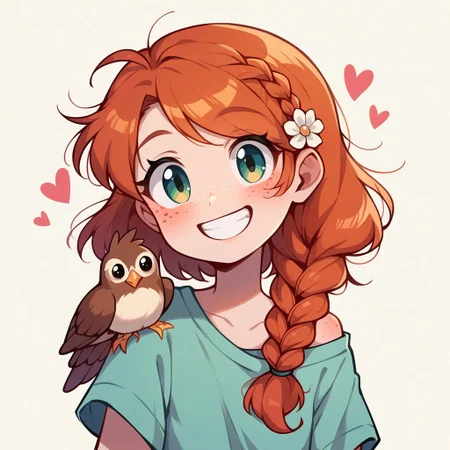 score_9, score_8_up, score_7_up, score_6_up, <lora:p3tl0v3XLP:1> p3tl0v3, 1girl, 22yo, redhead, freckles, cute smile,Side-Swept Ponytail With Braid , bird on shoulder, parrotlet, kawaii, cute , flower in hair, hearts