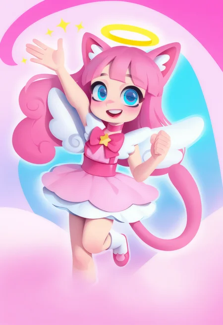 best quality, amazing quality, very aesthetic, absurdres,
BREAK
1girl, angel wings, animal ears, blue eyes, cat ears, cat girl, cat tail, dress, long hair,
looking at viewer, magical girl, pink hair, pink theme, solo, tail, waving, wings, yume kawaii, yume ne,  <lora:TomacoSunderlandNoobLocon_byKonan:1>