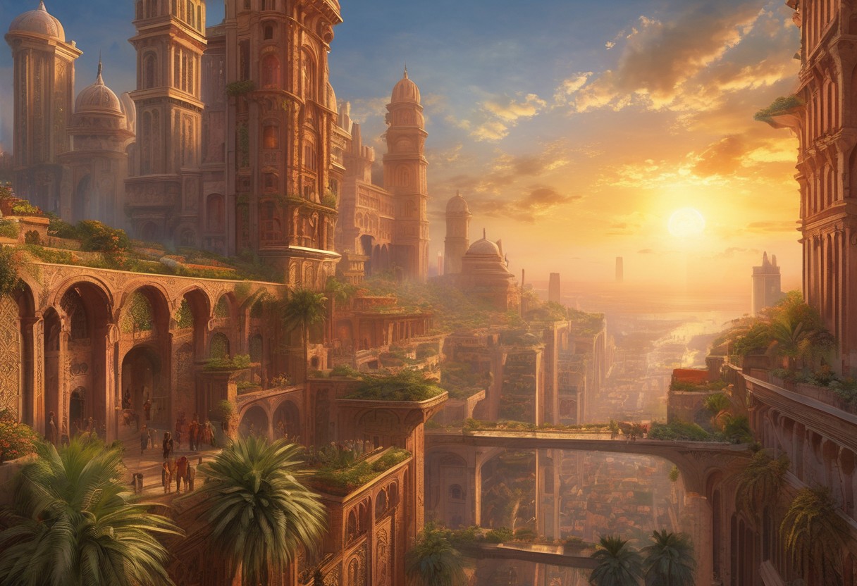 sky is a magical renaissance tapestry with a grid of lines. hanging gardens, balconies, ledges, multiple levels, metropolis, high fantasy, large scale, viewed from above, high-rise, high elevation, tall buildings, skyscrapers, magic, crystals, glass, polished stone, beautiful, high detail, high resolution, fantasy, city, hot climate, high rise, bridges, stone, buildings, medieval, cosmopolitan, arabic, spanish, terracotta, terracotta architecture, palm trees, many people, crowds, high quality, streets at high elevation, concept art, digital art, painting, megacity, dense city, two suns, sunset,