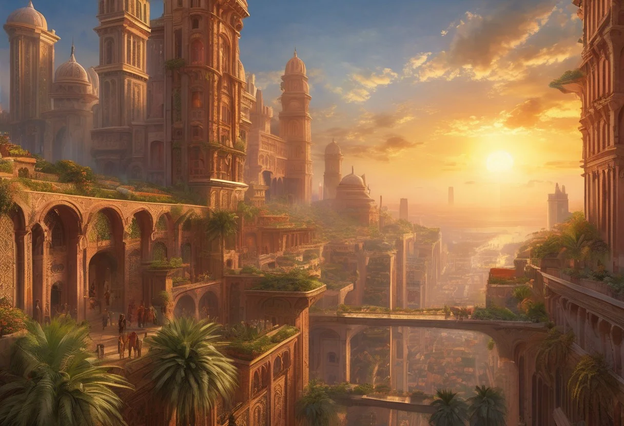 sky is a magical renaissance tapestry with a grid of lines. hanging gardens, balconies, ledges, multiple levels, metropolis, high fantasy, large scale, viewed from above, high-rise, high elevation, tall buildings, skyscrapers, magic, crystals, glass, polished stone, beautiful, high detail, high resolution, fantasy, city, hot climate, high rise, bridges, stone, buildings, medieval, cosmopolitan, arabic, spanish, terracotta, terracotta architecture, palm trees, many people, crowds, high quality, streets at high elevation, concept art, digital art, painting, megacity, dense city, two suns, sunset,