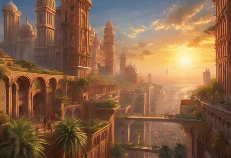 sky is a magical renaissance tapestry with a grid of lines. hanging gardens, balconies, ledges, multiple levels, metropolis, high fantasy, large scale, viewed from above, high-rise, high elevation, tall buildings, skyscrapers, magic, crystals, glass, polished stone, beautiful, high detail, high resolution, fantasy, city, hot climate, high rise, bridges, stone, buildings, medieval, cosmopolitan, arabic, spanish, terracotta, terracotta architecture, palm trees, many people, crowds, high quality, streets at high elevation, concept art, digital art, painting, megacity, dense city, two suns, sunset,