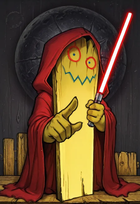 Pl4nk, pl4nk, pokemon (creature), Masterpiece, highest quality, plank, high quality, hands, looking at viewer, sith, hood on top of plank, holding lightsaber, red lightstabber, pointing lightsaber at viewer, (solo:1.2), (no humans:1.4), death star background