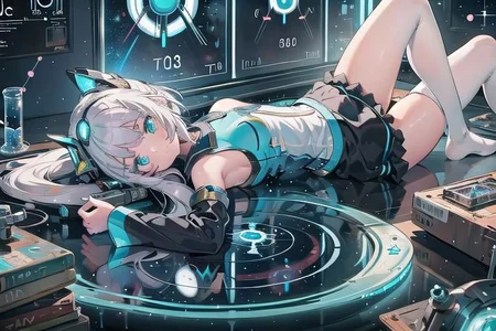 (masterpiece), (science fiction:1.4), 1girl, lying on the back on a mirror, lying on the back on a mirror, lying on the back on a mirror, smile, silver hair, aqua eyes, headgear, long sleeves, detached sleeves, glowing energy clothing, light particles, energy particles, perfect hands, perfect legs