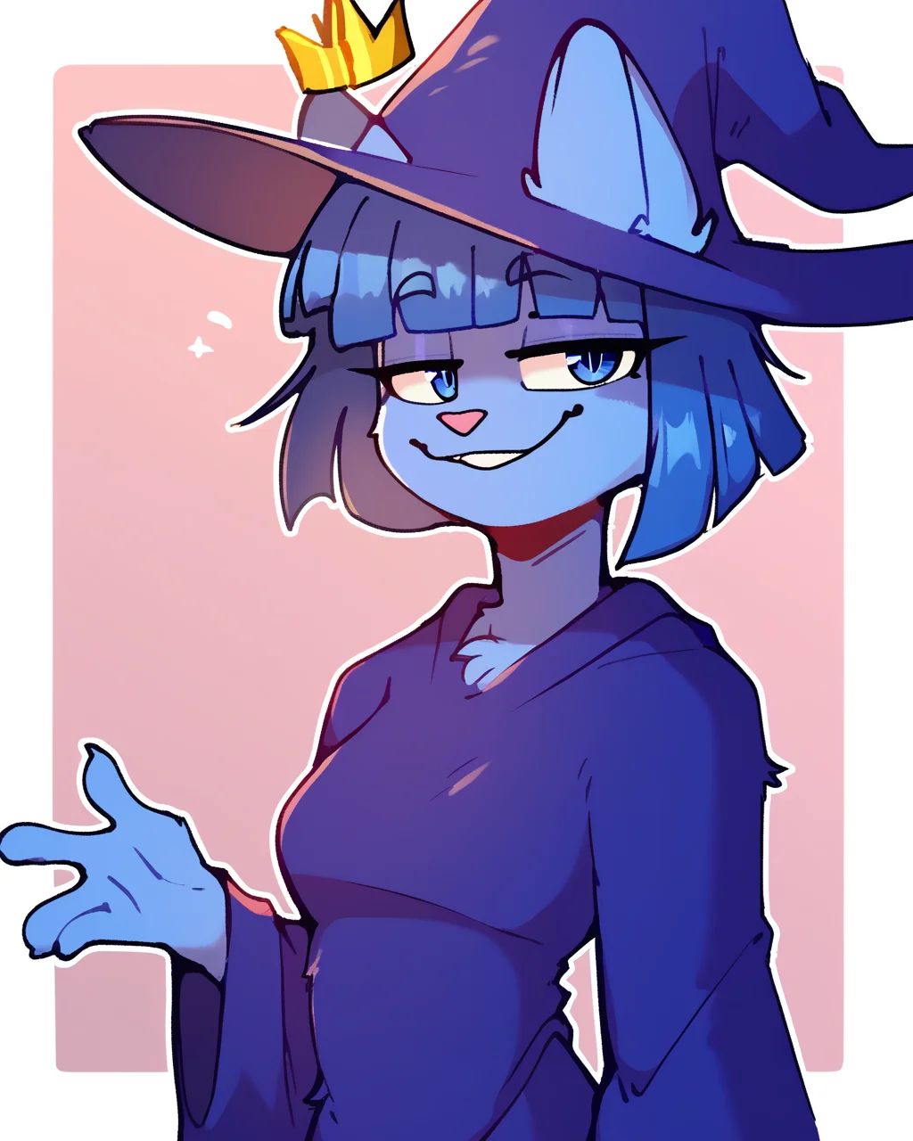 score_9_up, score_8_up, score_7_up, score_6_up, by remanedur, half-length portrait, blue hair, medium breasts, furry female, blue eyes, female, furry, cat, looking at viewer, blunt bangs, blue robe, witch, blue witch hat, crown, floating crown, short hair, blue hair, blue body, tail, solo, happy, smile, three-quarter view, smug, smile, head tilt, simple background, white outline, <lora:Leah_Pines(AIM)_XL_v1:0.15> <lora:PDXL_artist_tags_v2_big:0.5> <lora:The-Minuscule-Task_PDXL_v1.0:0.6> <lora:Cat_Witch_smekbo:0.9>