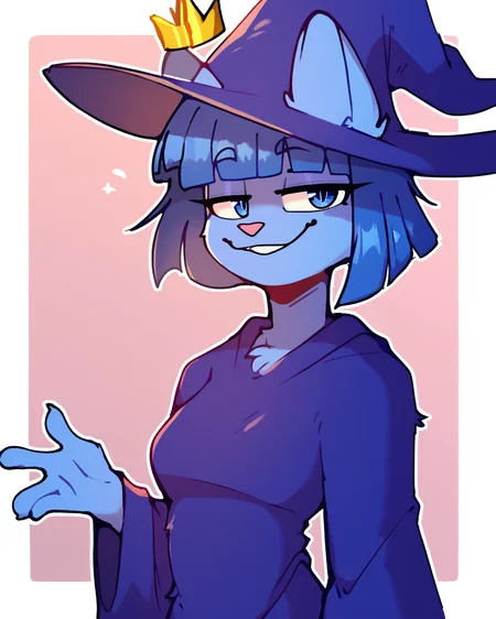 score_9_up, score_8_up, score_7_up, score_6_up, by remanedur, half-length portrait, blue hair, medium breasts, furry female, blue eyes, female, furry, cat, looking at viewer, blunt bangs, blue robe, witch, blue witch hat, crown, floating crown, short hair, blue hair, blue body, tail, solo, happy, smile, three-quarter view, smug, smile, head tilt, simple background, white outline, <lora:Leah_Pines(AIM)_XL_v1:0.15> <lora:PDXL_artist_tags_v2_big:0.5> <lora:The-Minuscule-Task_PDXL_v1.0:0.6> <lora:Cat_Witch_smekbo:0.9>