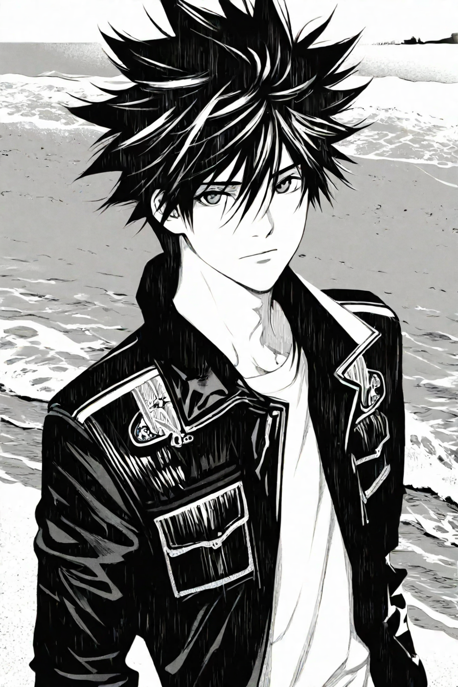 black jacket, white shirt, spiked hair, beach, sand ,sea, 1boy, solo, alone, upper body, <lora:oh_great_style_illustriousXL:1>, oh_great_style, monochrome, greyscale, masterpiece, highres
