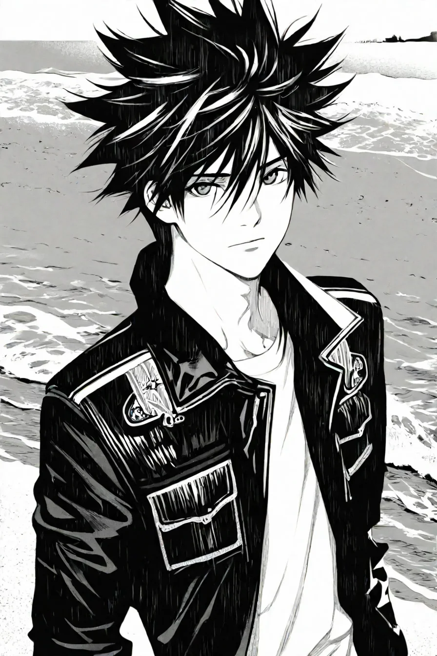 black jacket, white shirt, spiked hair, beach, sand ,sea, 1boy, solo, alone, upper body, <lora:oh_great_style_illustriousXL:1>, oh_great_style, monochrome, greyscale, masterpiece, highres