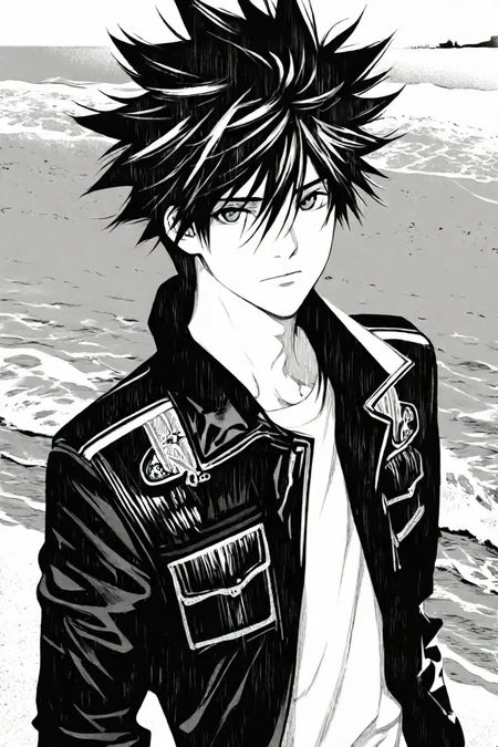 black jacket, white shirt, spiked hair, beach, sand ,sea, 1boy, solo, alone, upper body, <lora:oh_great_style_illustriousXL:1>, oh_great_style, monochrome, greyscale, masterpiece, highres