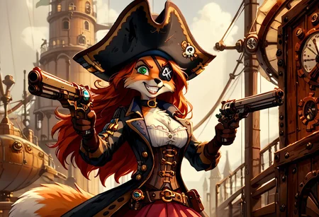 score_9, score_8_up, score_7_up, score_6_up, dynamic lighting, Disney style, face focus,
outdoors, day, on the deck of a steampunk airship, pirate flag,
(solo, (anthro female fox:1.3), long hair, messy ginger hair, detailed fur, green eyes, eyepatch over left eye, mechanical right leg, large breasts, cleavage, pirate hat, black dog collar, black pirate captain's coat, white peasant shirt, corset, loose steampunk belts, belt pouches, pistol holsters, red ruffled skirt, boots, excited grin, dual pistols)