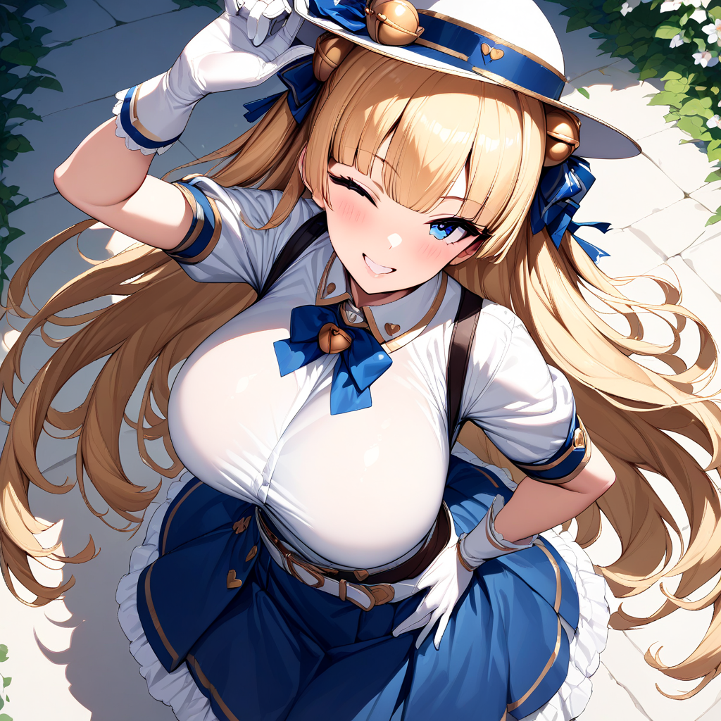 lina_bell_roll, 1girl, one eye closed, gloves, solo, hat, long hair, blonde hair, white gloves, blue eyes, skirt, shirt, belt, smile, large breasts, white background, blue skirt <lora:Lina_Bell_Roll:1>, (masterpiece),(best quality),(ultra-detailed),(best illustration),(best shadow),(absurdres),(detailed background),(very aesthetic),