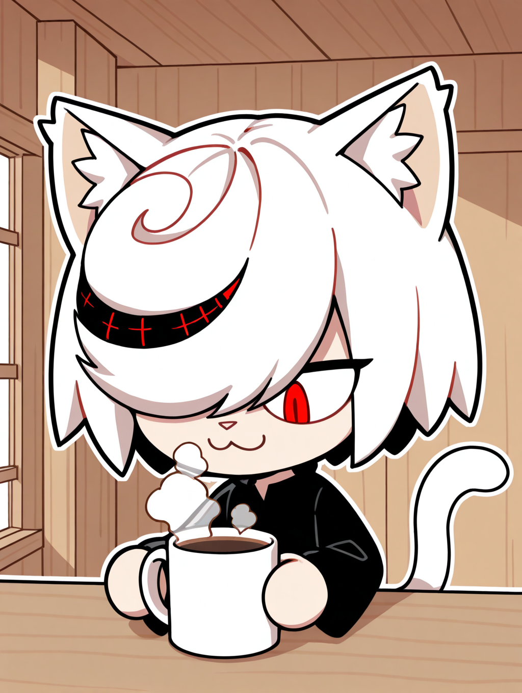 <lora:Sage_Sonic:1> sage, BREAK  <lora:Neco_Arc_NS:0.9> neco arc, tail, cat ears, cat tail, cat girl,BREAK one eye covered, white hair, furry female, indoors, chibi, coffee mug, steam, :3, solo,, masterpiece, best quality, amazing quality, very aesthetic, absurdres, new, newest,