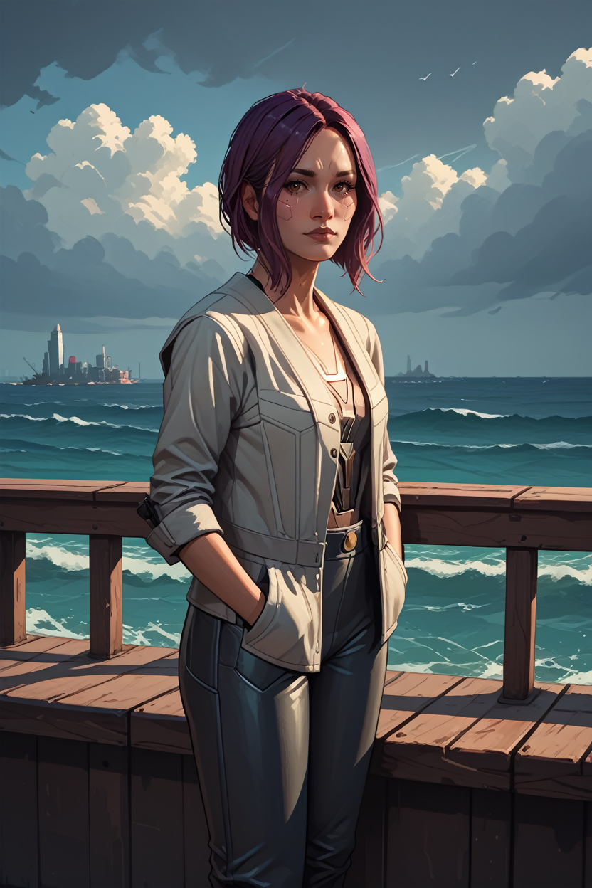 score_9, score_8_up, score_7_up, score_6_up
<lora:CyberSongbird:0.8>
CyberSongbird, 1girl, purple hair, brown eyes, cyberpunk, looking at viewer, standing on a pier, looking out at the ocean, hands in pockets, overcast sky with hints of sunlight breaking through, calm and introspective atmosphere