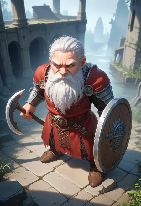 score_9, score_8_up, score_7_up, (solo:1.3),
old male, Dwarf, mature, realistic, axe and shield, short stature, white hair, beard, moustache, big nose, angry, holding axe, berserk, highly detailed,
source_anime, fog, (in the fog), ruins, surrounded by fire , medieval, fantasy,
from above, Expressiveh, solo focus, (blurry background) , masterpiece, silhouette,